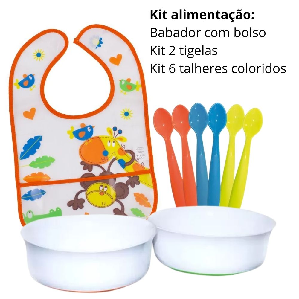 Kit Alimentação Bebê: 1 babador ,kit 2 tigelas, kit com 6 colheres coloridas