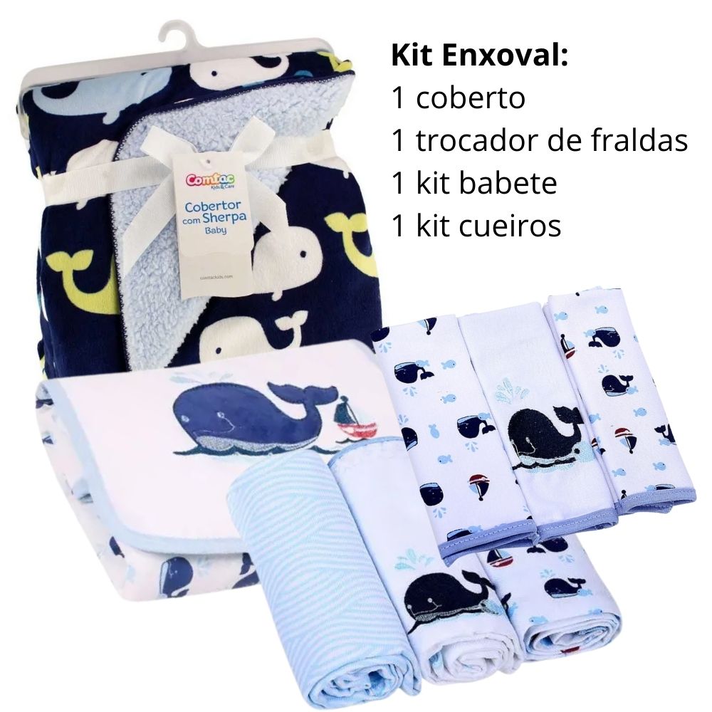 Kit Enxoval: 1 cobertor, 1 kit cueiros, 1 kit babetes, 1 trocador Baleias