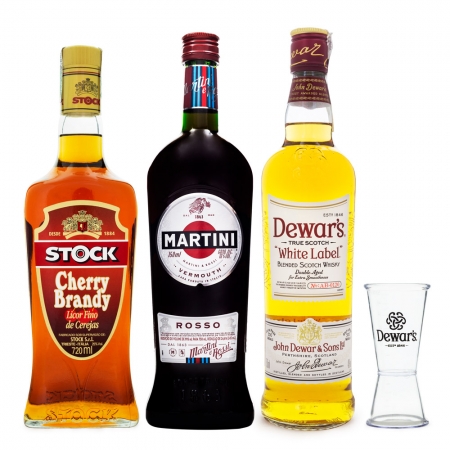 Blood & Sand Cocktail Combo - Dewar's White Label Scotch Whisky + Vermouth Martini Rosso + Licor Cherry Brandy Stock + Dosador Acrílico Dewar's