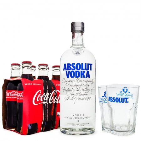 Kit Vodka Absolut 1L + 6un Coca-Cola 250ml + 2 Copos de Vidro