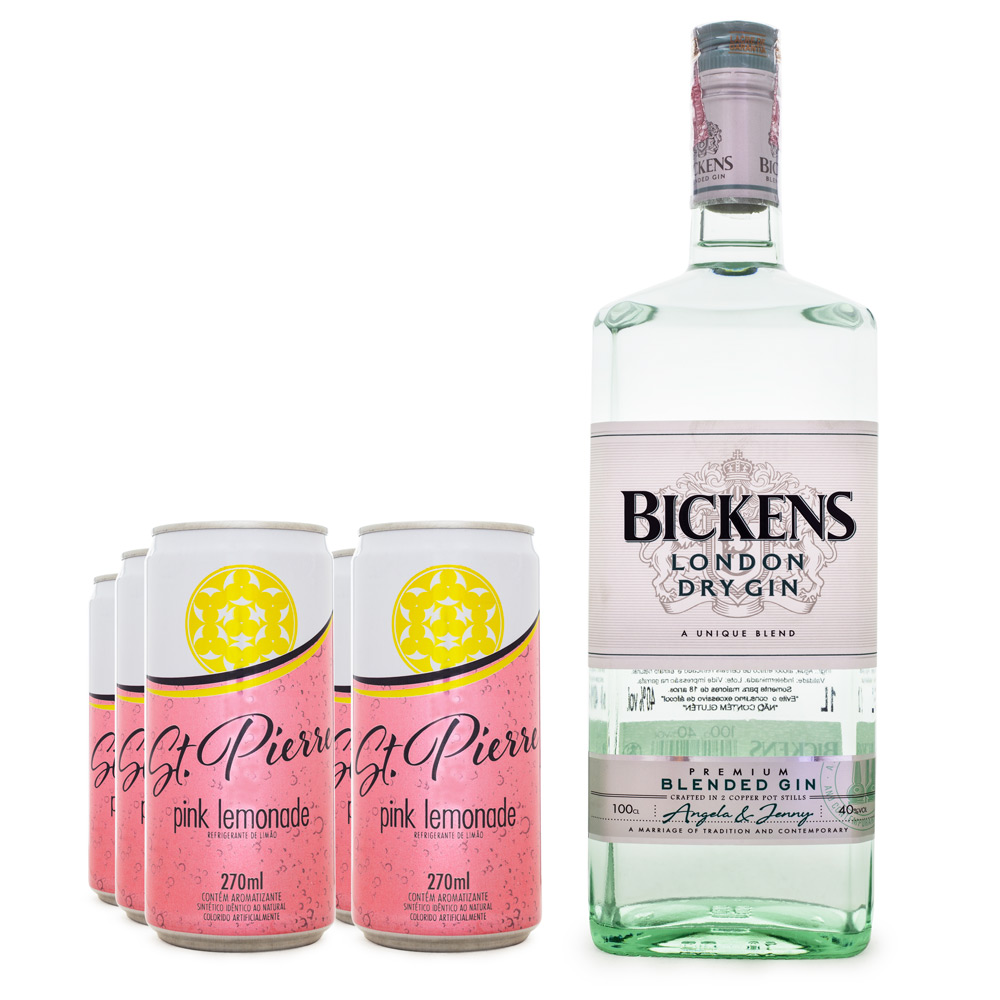 Combo Pink Gin - Bicken's London Dry Gin 1L + 6 Pink Lemonade St. Pierre 270ml