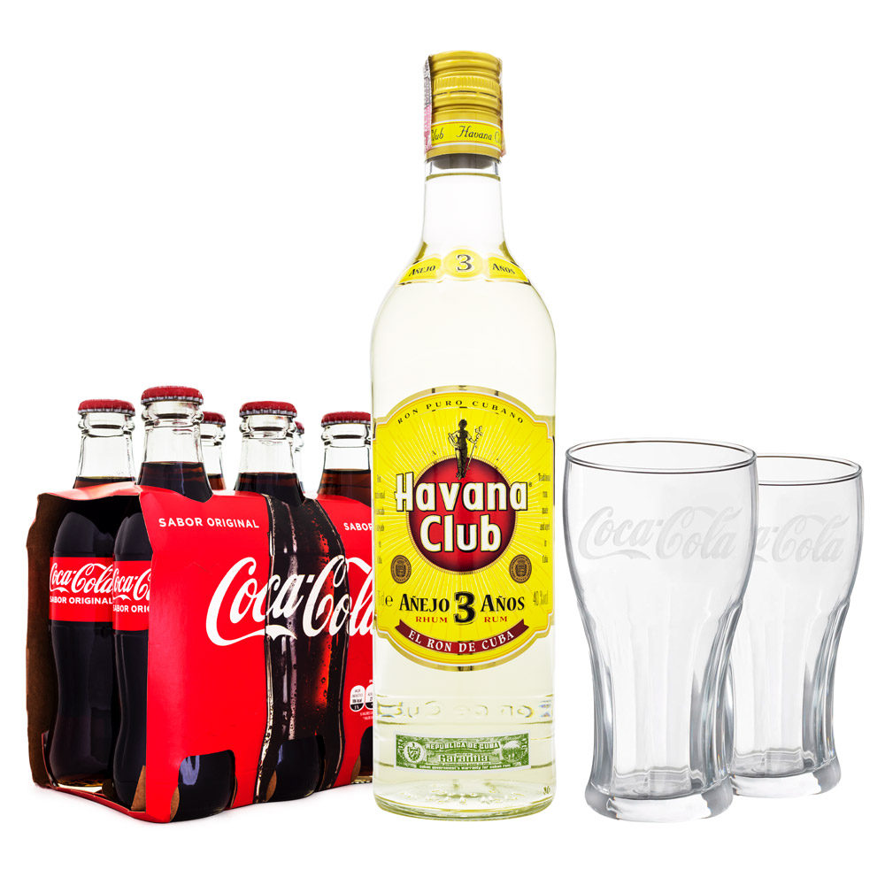 Kit Cuba - Rum Havana Club 3 Años 750ml + 6 Coca-Cola 250ml + 2 Copos Coca-Cola