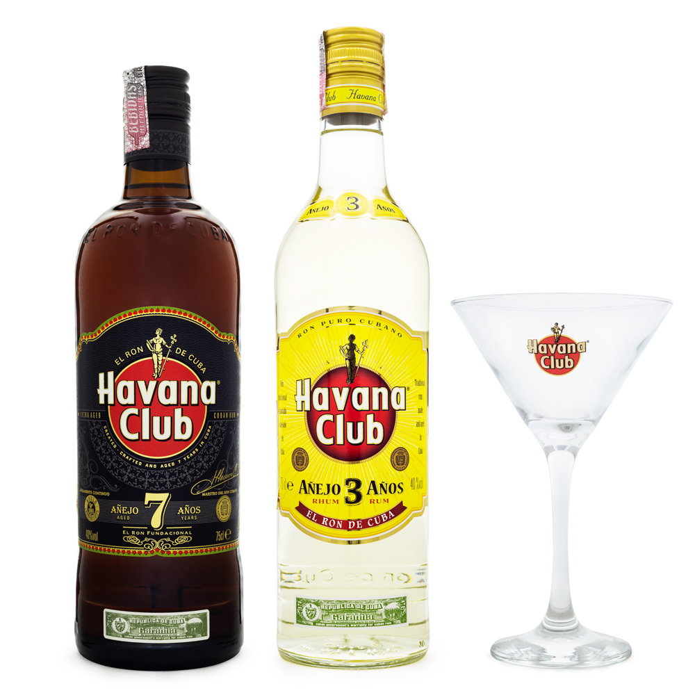 Kit Rum Havana Club 7 Anos 750ml + Havana Club 3 Anos 750ml + Taça Martini de Vidro