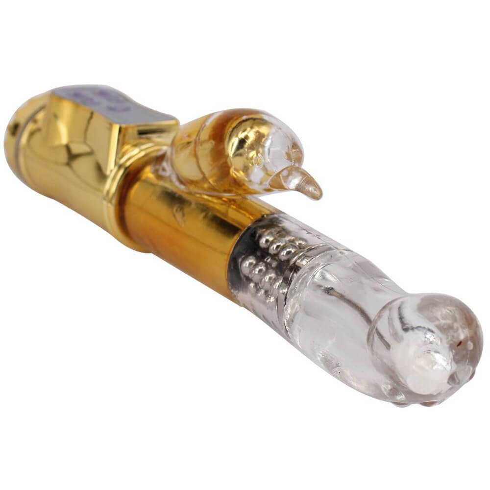 Vibrador Formato Pênis Rotativo com Estimulador Clitoriano e Ponto G Multivelocidade - 21,5 x 3 cm - Cor Dourado