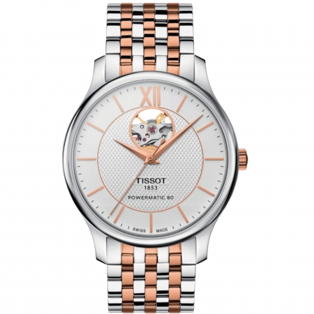 Relógio Tissot Tradition Powermatic 80 Open Heart Dois tons T063.907.22.038.01