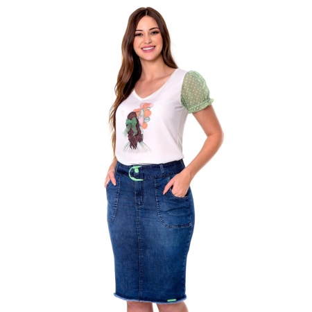 Saia Tábata Confeccionada Em Tecido Jeans, Moda Evangélica- Hapuk