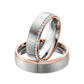 Alianças de Casamento de Ouro Branco 5.0mm com Filete de Ouro Rosé e Diamantes - AL607-D