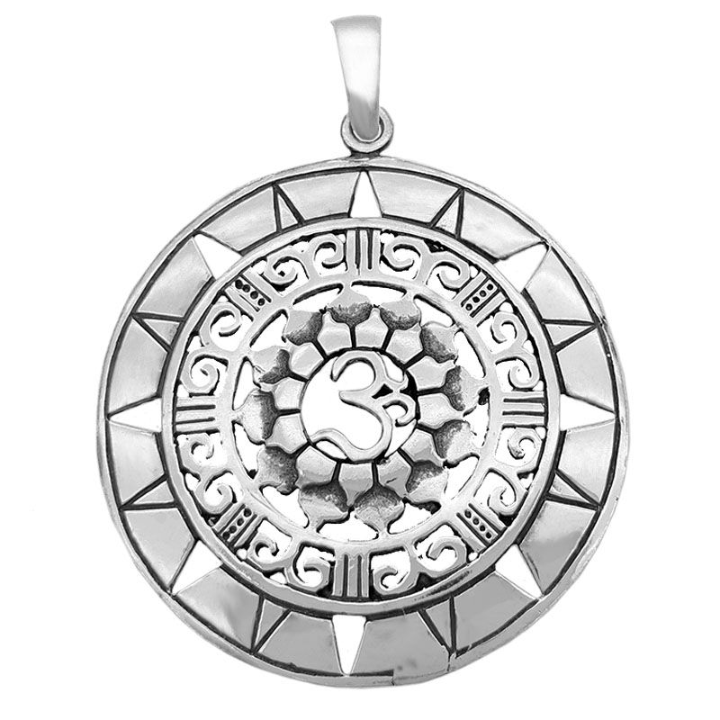 Pingente de Prata 925 Envelhecido Mandala Símbolo OM com Detalhes Vazados