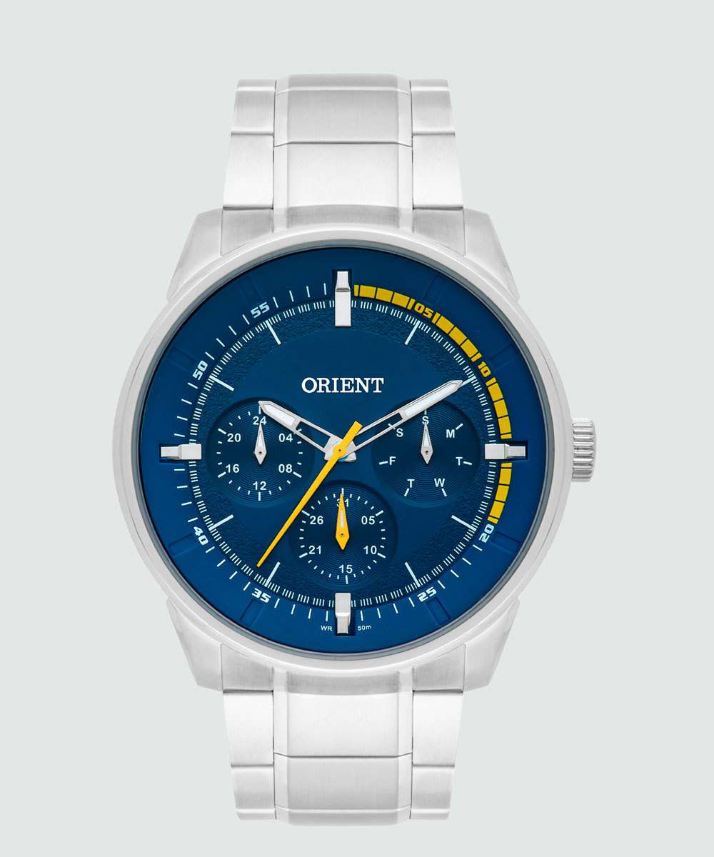 Relógio Orient Prata com Fundo Azul Detalhado