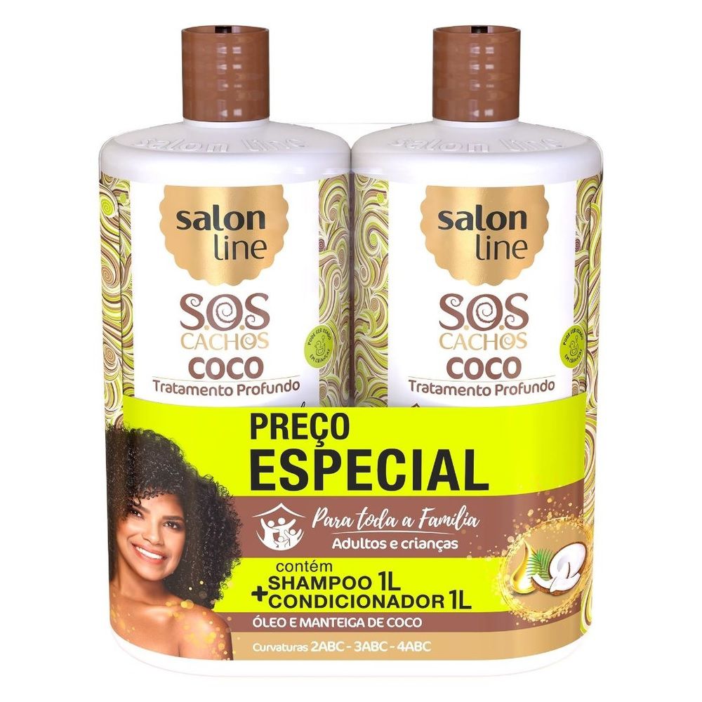 Kit Cachos Coco Profundo Shampoo e Condicionador Litrão Salon Line
