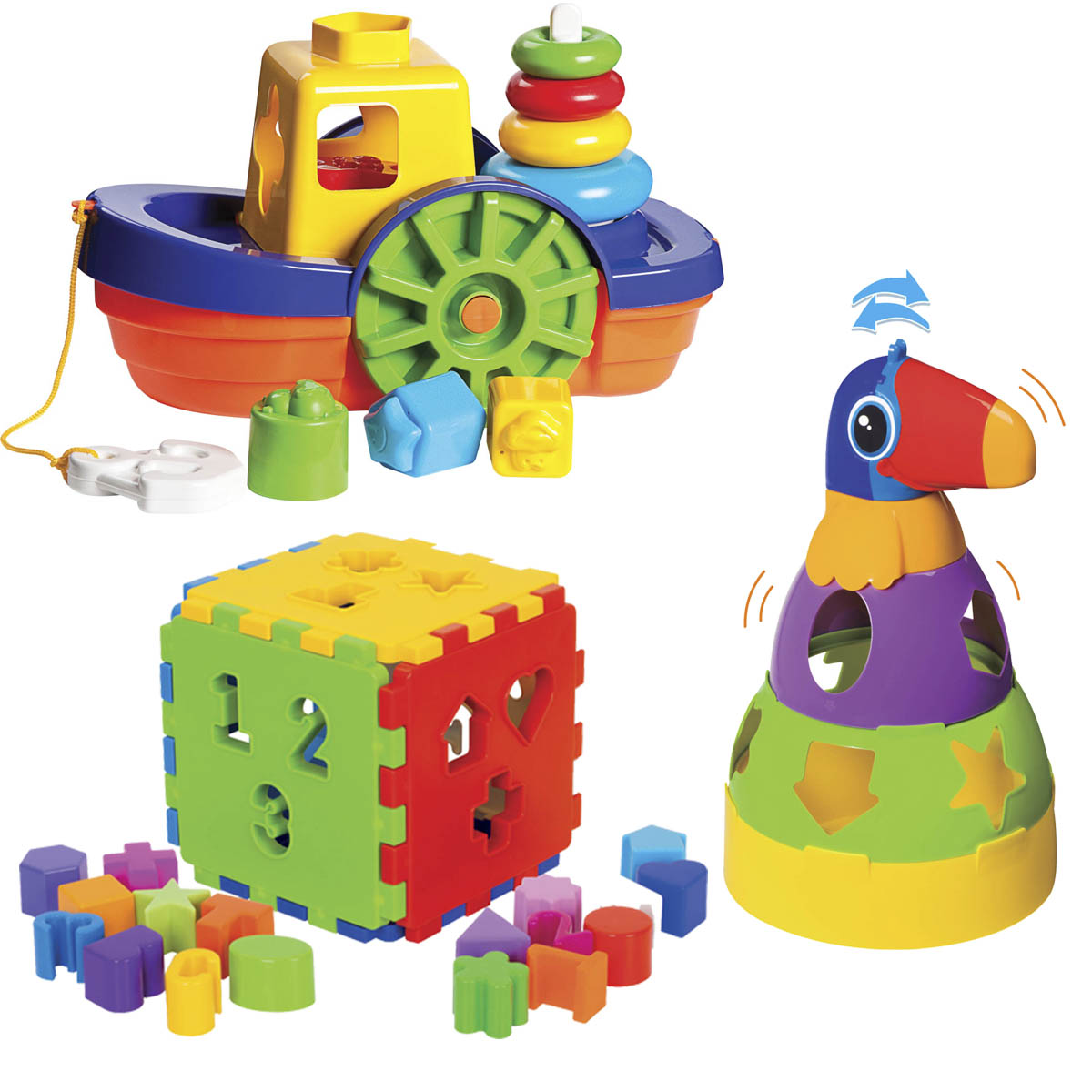 Kit de Brinquedos Educativos Barco + Tucano + Cubo