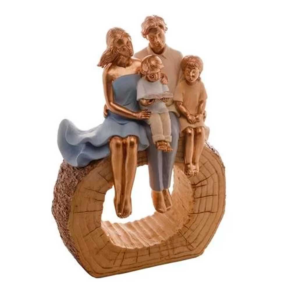 Escultura Família Decorativa em Resina Ouro Casal com Menino e Menina