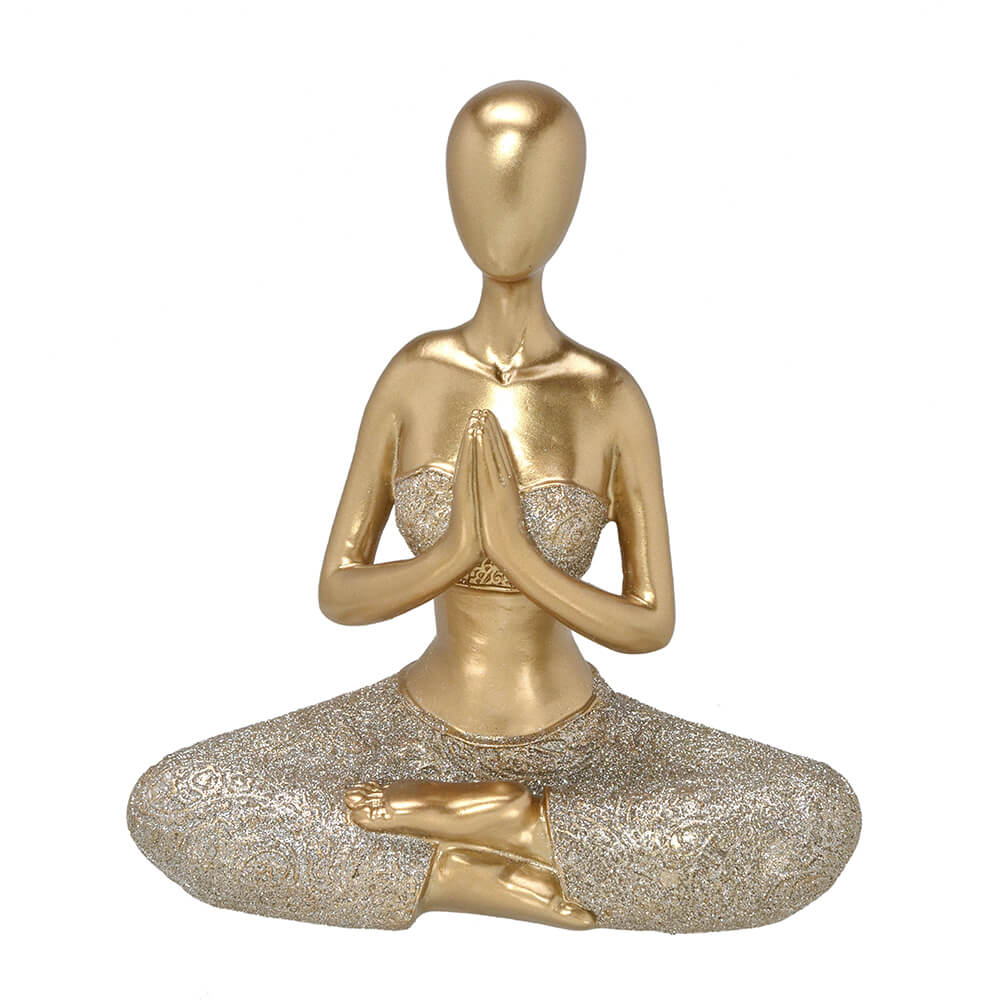 Escultura Mulher Decorativa em Resina Dourada Yoga em Posição Namastê