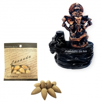 Combo Incensário Cascata Ganesha Bronze 12cm + Incenso Cone Lavanda