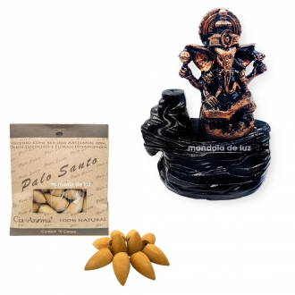 Combo Incensário Cascata Ganesha Bronze 12cm + Incenso Cone Palo Santo