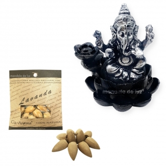 Combo Incensário Cascata Ganesha Prateado 10cm + Incenso Cone Lavanda