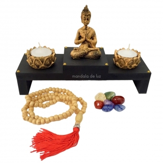 Kit de Altar Buda + 2 Castiçais +  Japamala + Kit de 7 Pedras dos Chakras + 2 Velas