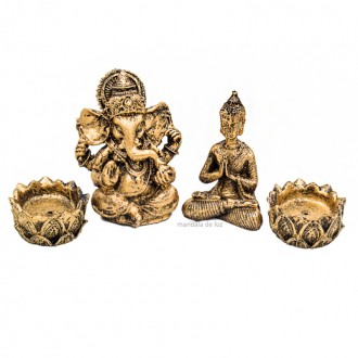 Kit Mini Estátua Ganesha + Buda Hindu + 2 Castiçais ou Incensários Pequeno de Resina Dourada