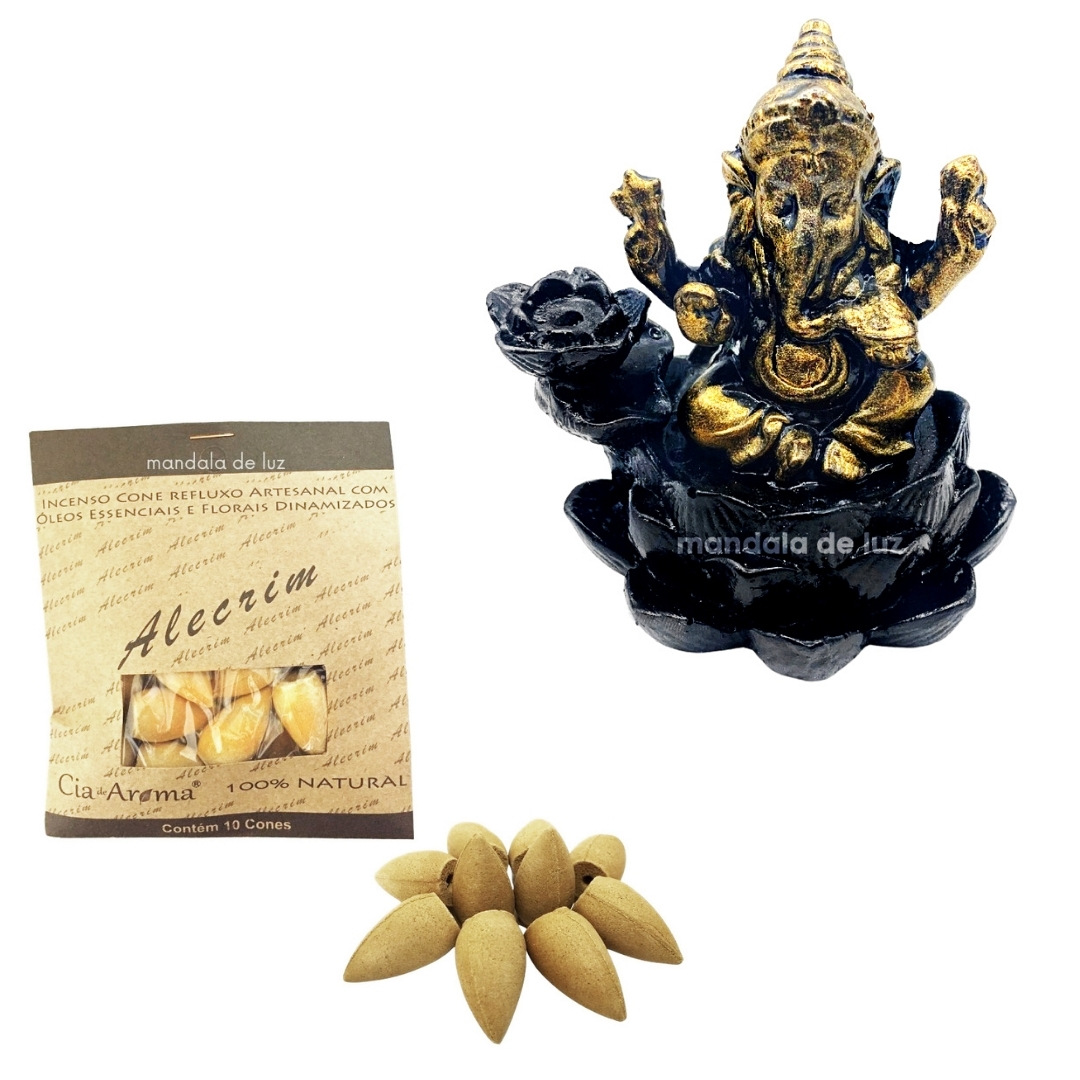 Combo Incensário Cascata Ganesha Dourado 10cm + Incenso Cone Alecrim