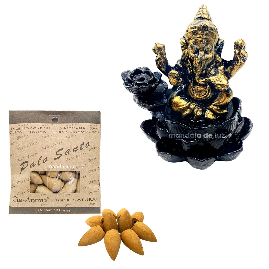 Combo Incensário Cascata Ganesha Dourado 10cm + Incenso Cone Palo Santo