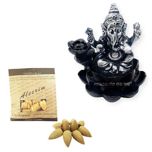 Combo Incensário Cascata Ganesha Prateado 10cm + Incenso Cone Alecrim
