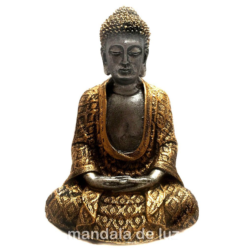 Estátua de Buda Hindu Prateado e Dourado Resina 22cm
