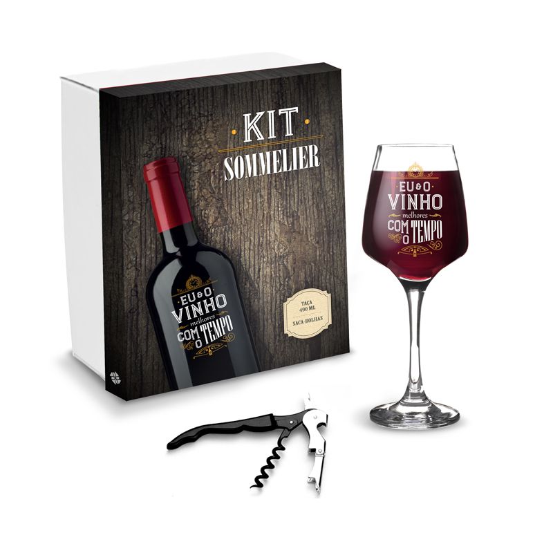Kit sommelier melhores com o tempo com taça de vinho e abridor de garrafa