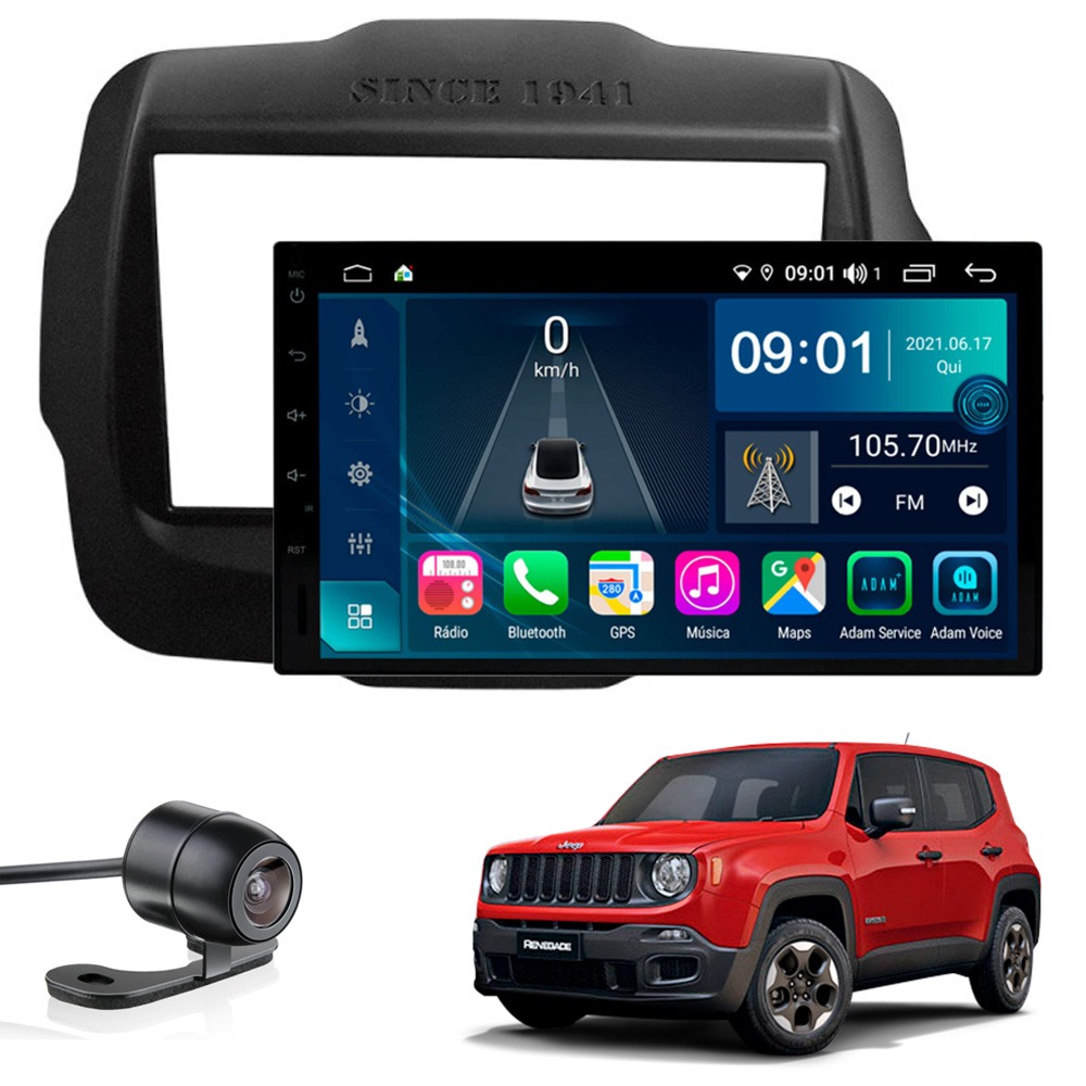 Multimídia Jeep Renegade PCD e Standard Tela 7''Aikon Atom Core CarPlay Android Auto Gps Câmera de ré e frontal TV Digital 2GB