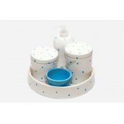 Kit Higiene Bebê Cerâmica | Branquinho com Poá Azul + Bandeja Redonda  | 5 Peças |