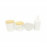 Kit Higiene Bebê Porcelana Branca | Tampas Madeira Pinus Rústica|4 peças