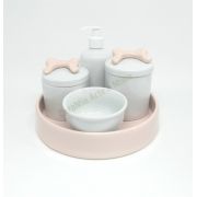 Kit Higiene Bebê Porcelana| Laços Rosa Antigo e Bandeja Rosa Antigo| 5 peças