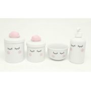 Kit Higiene Bebê Porcelana | Olhinhos Cílios Nuvem Rosa| 4 peças