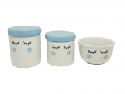 Kit Higiene Bebê Porcelana | Olhinhos Cílios | Tampas e Bochechas azuis | 3 peças | Azul