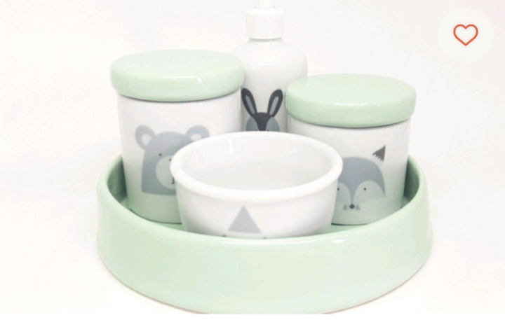 Kit Higiene Bebê Porcelana Escandinavo com Bandeja Verde