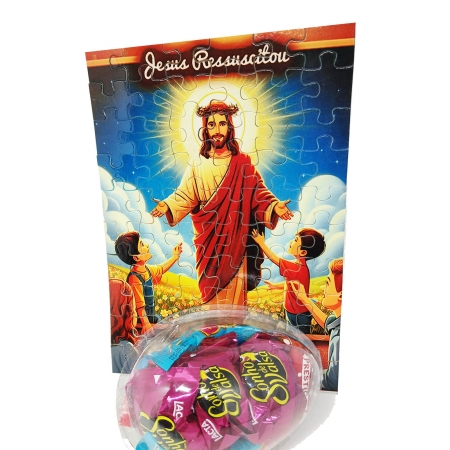 Presente de Páscoa Chocolates e Guloseimas + Quebra-cabeça Infantil Jesus Ressuscitado de 60 peças