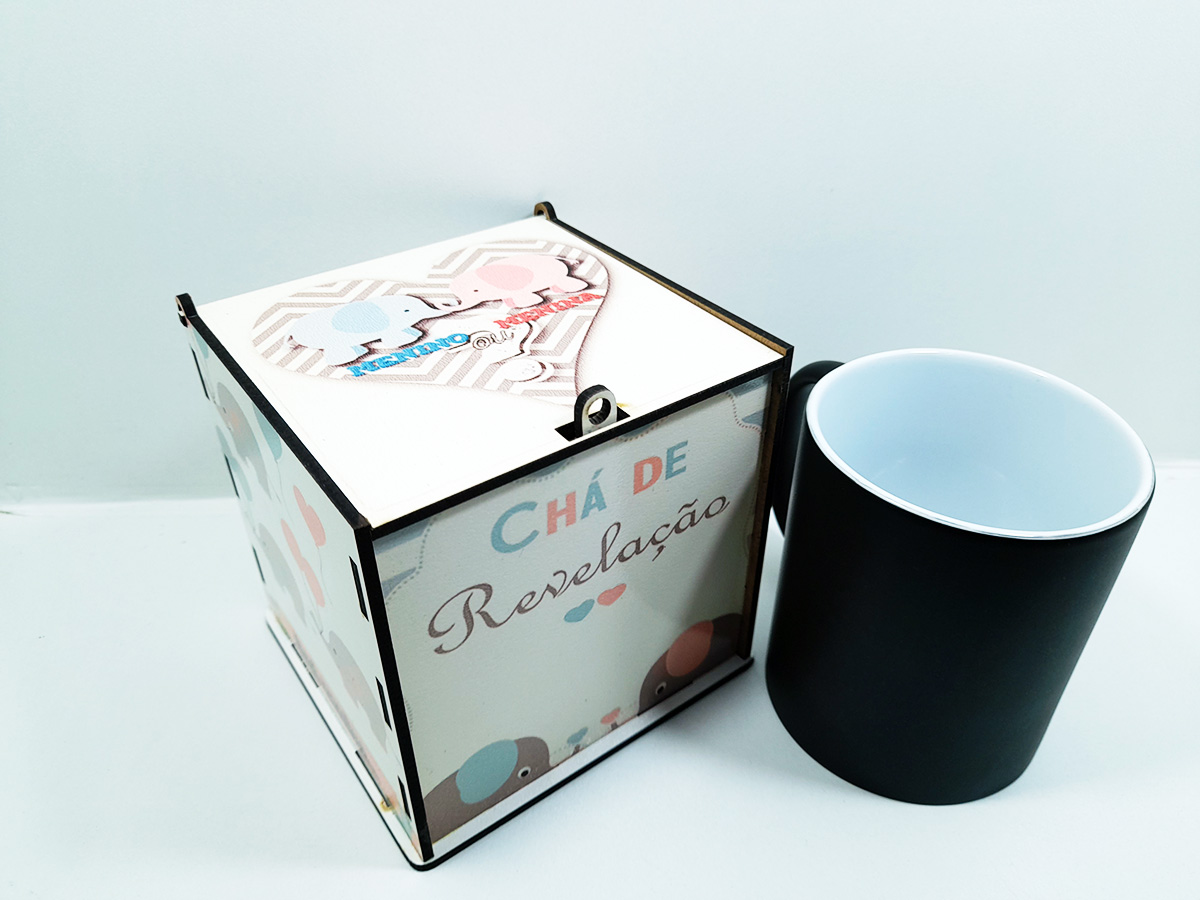 Chá de Revelação Elefantinho Kit Caneca Mágica + Caixa de madeira - Menino