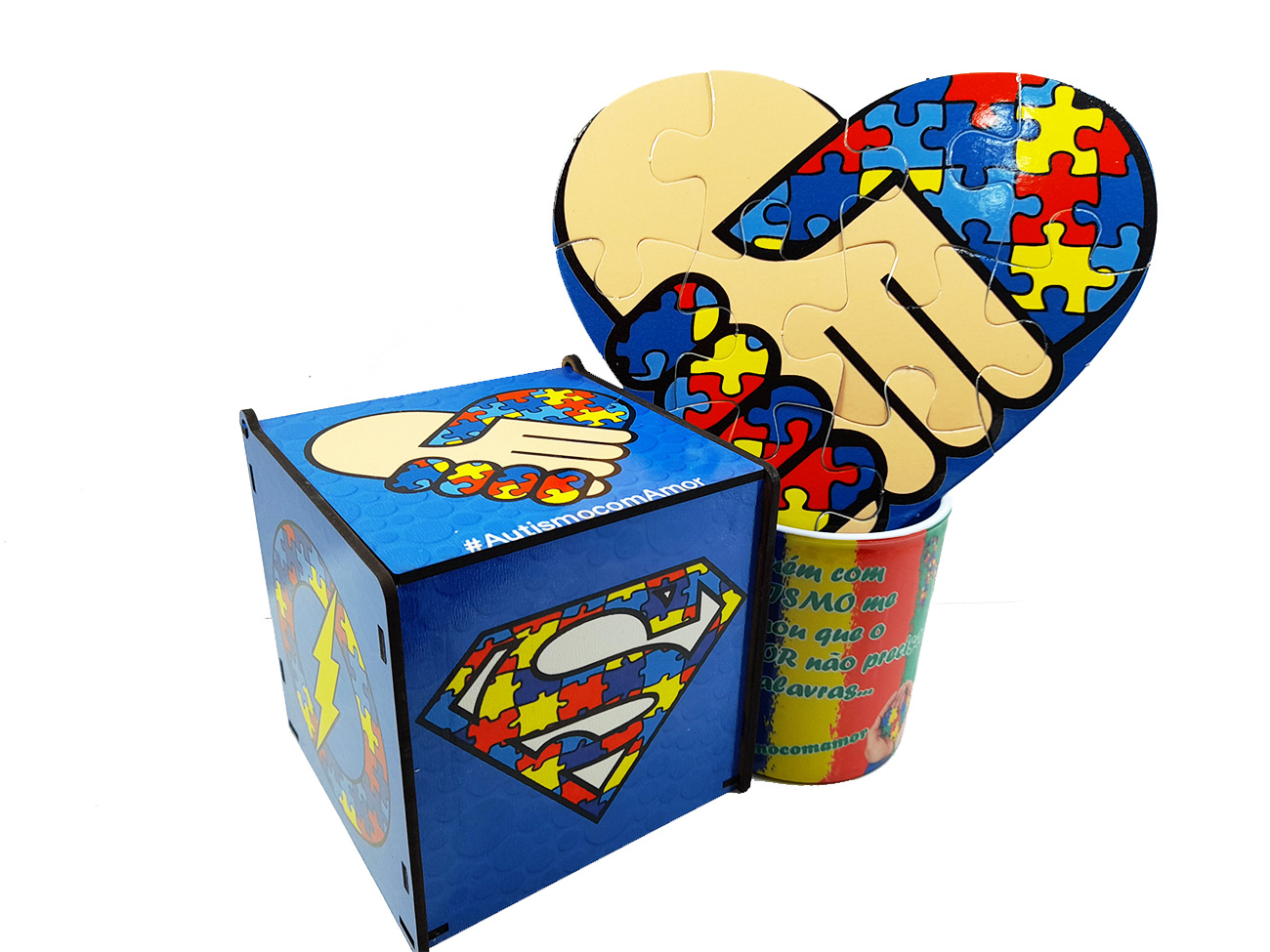 Kit Presente Quebra-cabeça coração Colorido para Autistas - Coleção TEA e Amor