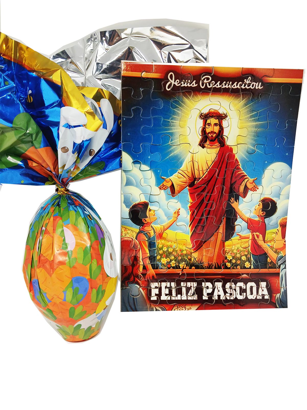 Ovo de Páscoa 250 g Exclusivo com quebra-cabeça 90 peças Jesus Ressuscitado