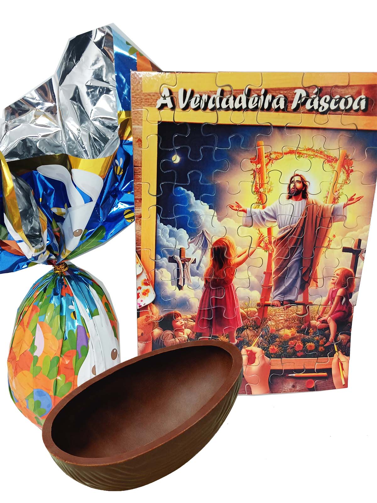 Ovo de Páscoa 350 g Exclusivo com quebra-cabeça 90 peças Jesus Ressuscitado