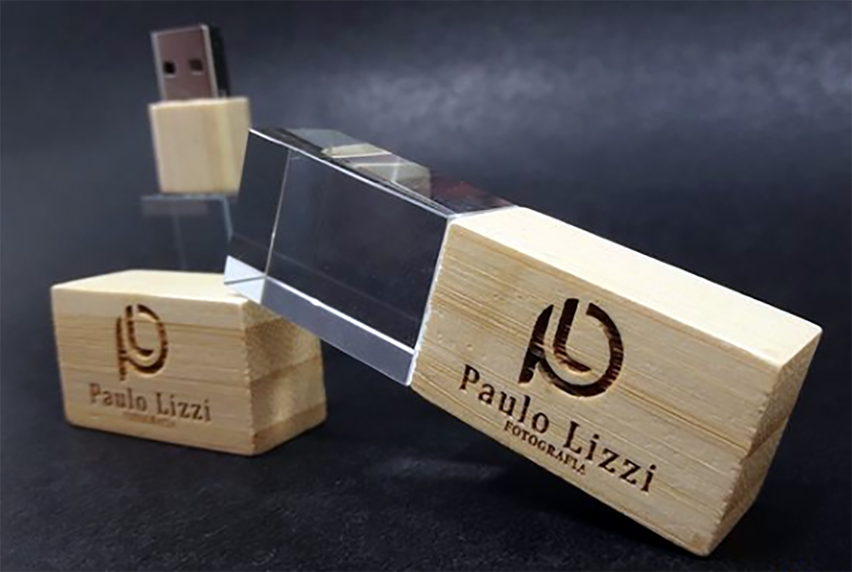 Pendrive Vidro e Madeira Wood Glass  - Pendrives para fotógrafos - 8GB, 16GB, 32GB e 64GB