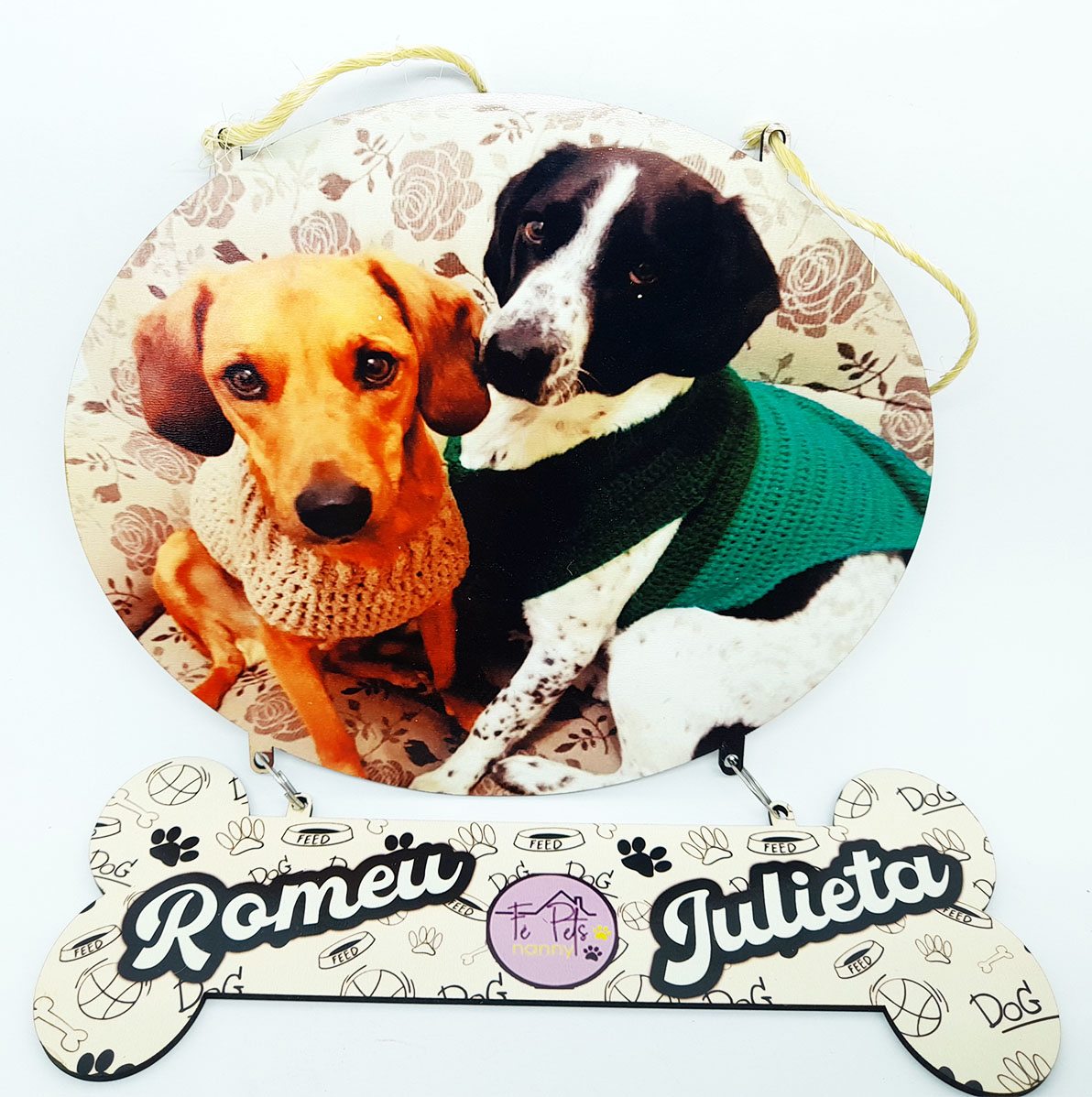 Pet Placa decorativa osso com sisal Personalizada  - Pingo e Serena