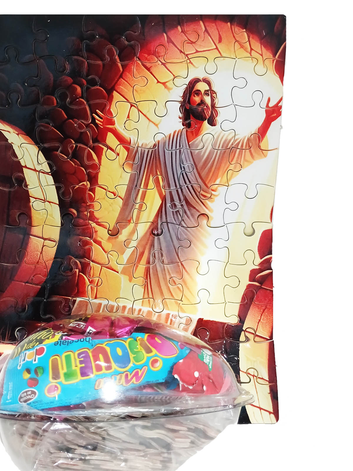 Presente de Páscoa Chocolates e Guloseimas + Quebra-cabeça Infantil Jesus Vive de 60 peças