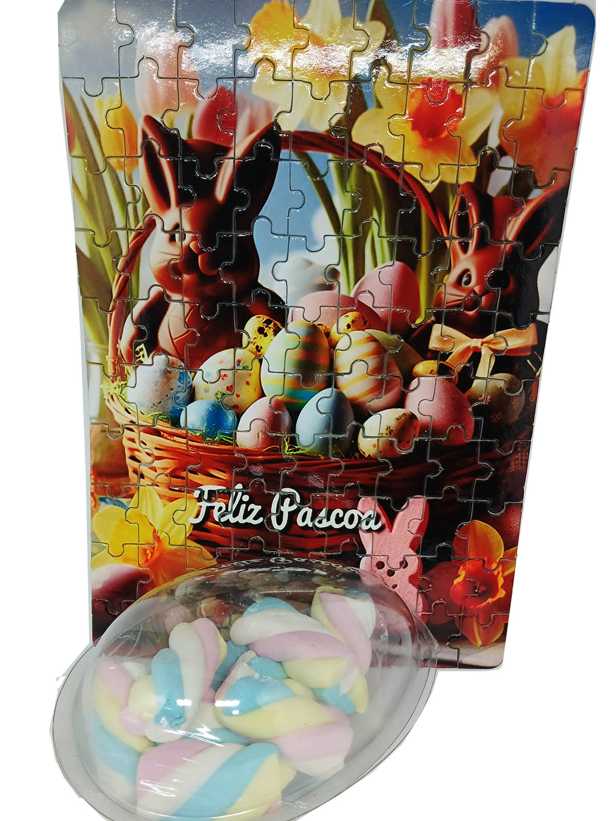 Presente de Páscoa Marshmallow Colorido + Quebra-cabeça Feliz Páscoa de 90 peças