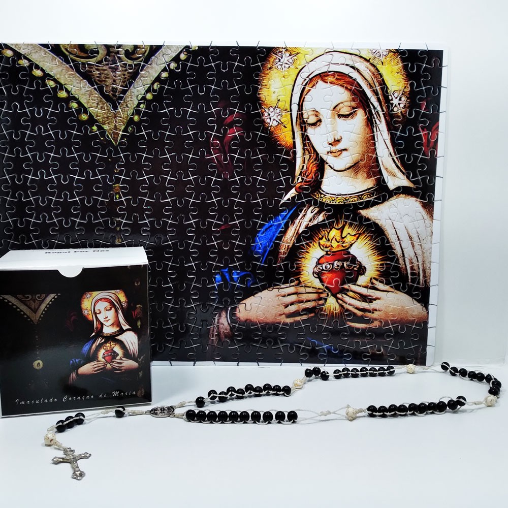 Quadro Decorativo Quebra-Cabeça Imaculado Coração de Maria de 300 peças + Terço Especial