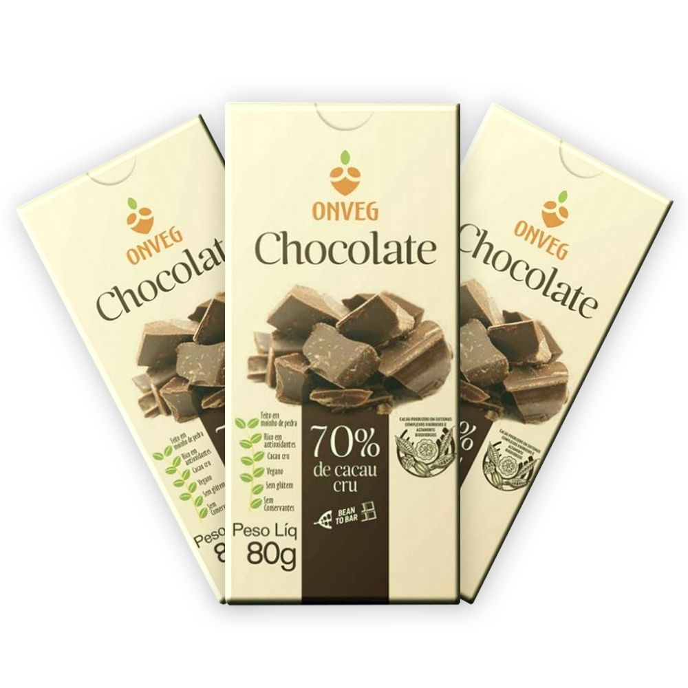 3 un. Chocolate Vegano 70% Cacau Cru 80g Onveg