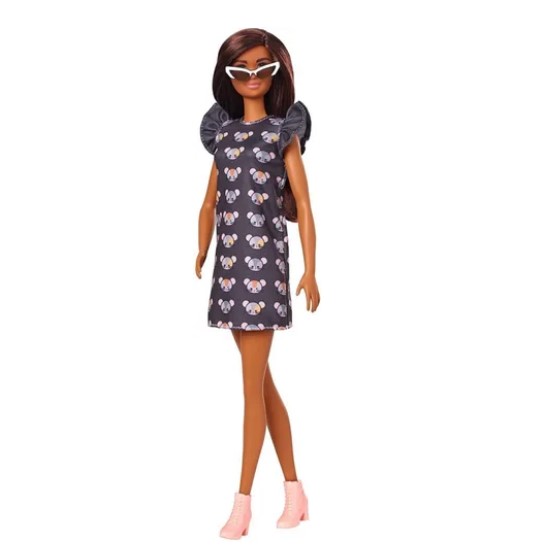Boneca Barbie Fashionistas 140 Cabelo Longo Morena Vestido estampado Rato