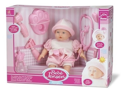 Boneca Bebê Jensen Alergic rosa e branco com Acessórios Roma Brinquedos