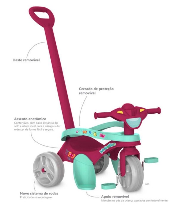 Triciclo Mototico Passeio & Pedal Rosa Bandeirante