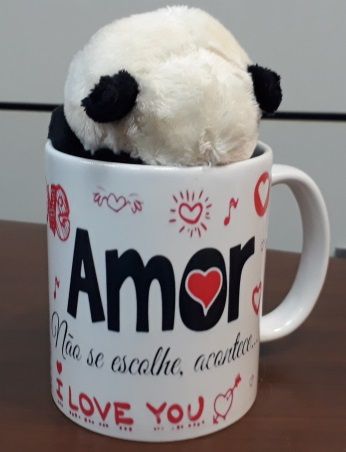 Caneca de Porcelana 330ml com Ursinho de Pelúcia Panda 15cm com a frase: Amor não se escolhe, acontece...I Love You