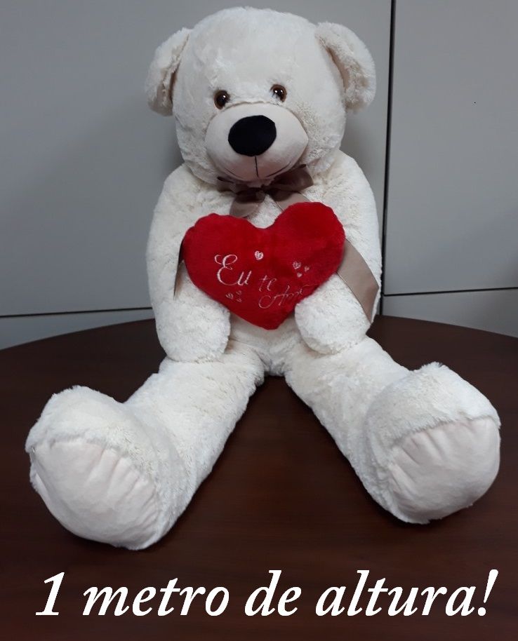 Urso de Pelúcia Creme Grande Macio de 1 metro ou 100cm Presente para Namorada Dia dos Namorados Aniversário com Coração Romântico